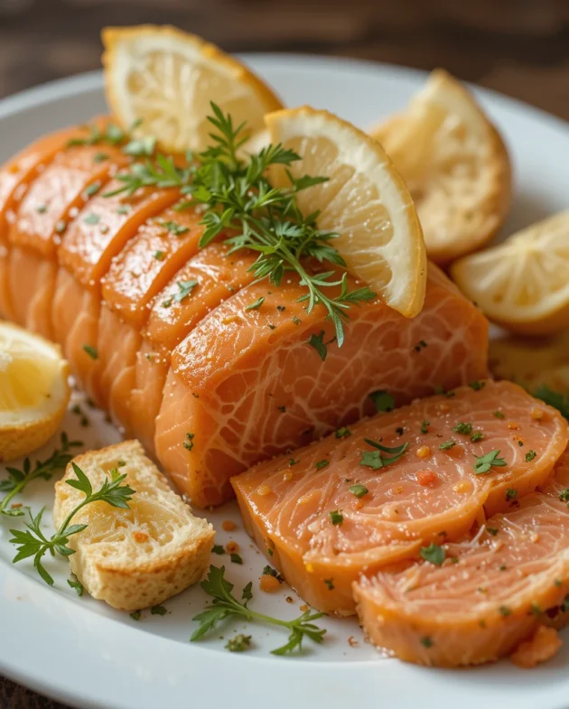 Unmold the terrine gently onto a serving plate. Slice and serve with toast, lemon wedges, or a fresh green salad.