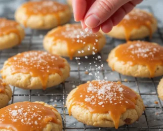 A hand sprinkling flaky sea salt over caramel-drizzled cookies on a wire rack.