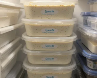 Leftover queso dip stored in clear food containers with lids