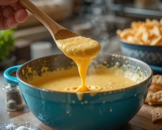 Dipping tortilla chip in queso dip