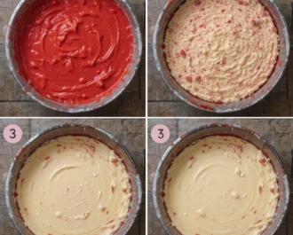 Red velvet cheesecake on a cake stand with decorative swirls