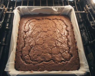 Brownie batter poured into a baking tray ready to bake