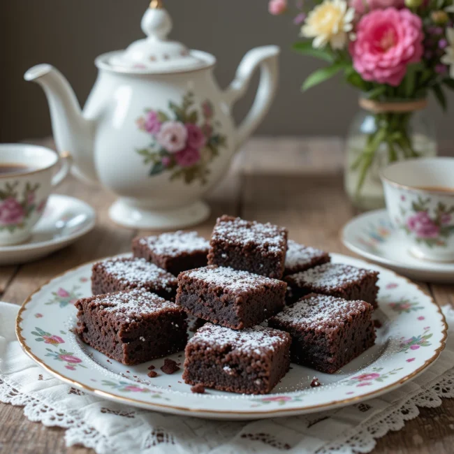 One-bowl brownies freshly sliced on a cutting board, no mixer required, styled like Mary Berry’s show.