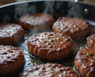 Rustic hamburger steak with onions and gravy served with peas and mashed potato
