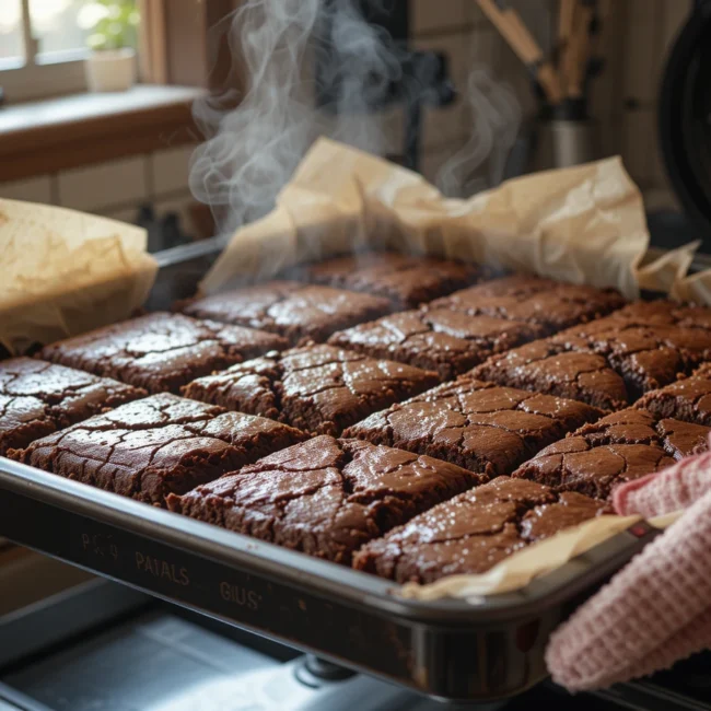 Soft and rich brownies topped with a light dusting of powdered sugar, made Mary Berry style.