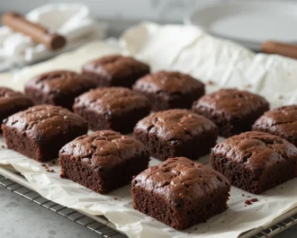 Oven mitt holding a tray of freshly baked brownies