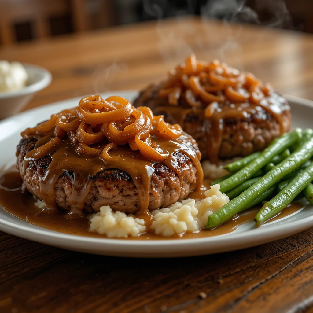 Perfect Hamburger Steak with Onions and Gravy 2 JOXIQ Classic British-style hamburger steak with onions and thick savoury gravy