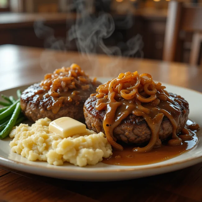 Hamburger steak in a deep onion gravy, British pub-style on a white plate