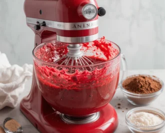 Decadent slice of red velvet cheesecake with rich cream cheese layers and red velvet crumbs