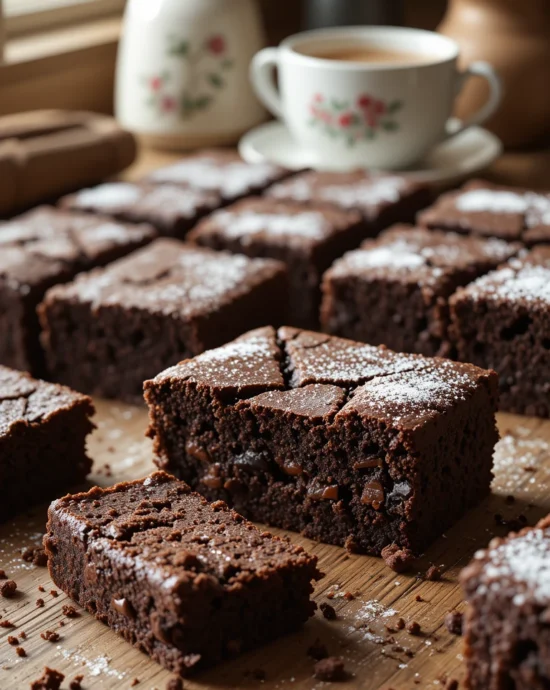 Fudgy chocolate brownies inspired by Mary Berry’s classic recipe on a wooden tray