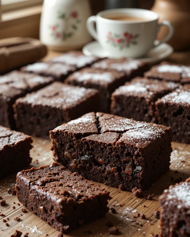 Fudgy chocolate brownies inspired by Mary Berry’s classic recipe on a wooden tray