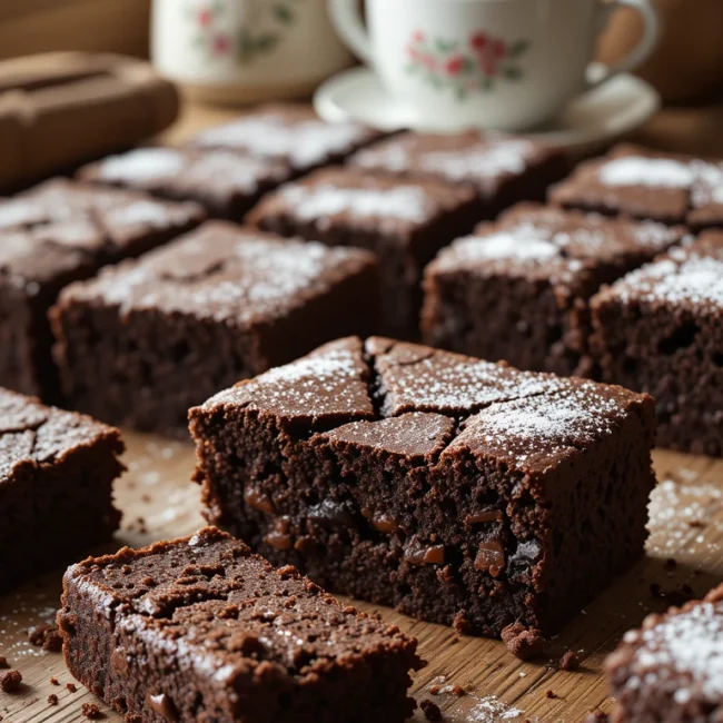 Fudgy chocolate brownies inspired by Mary Berry’s classic recipe on a wooden tray