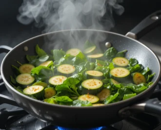 Savoury spinach and feta frittata baked to golden perfection in a skillet, with visible herbs and courgette slices on a farmhouse table.
