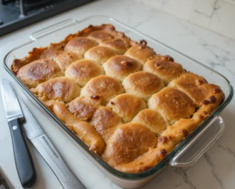 Top-down view of pancake casserole with fresh garnish