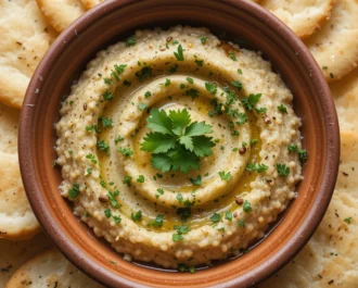 Smoky baba ganoush served in an earthenware bowl with sesame seeds – vegan mezze vegan recipe