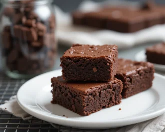 Chocolate brownies made from Mary Berry’s recipe cooling on a rack with tea beside them.