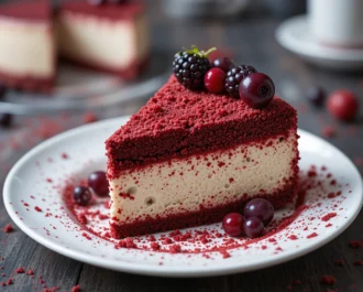 Layered red velvet cheesecake served on a dessert plate with soft lighting