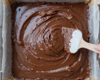 Mixing bowl with chocolate brownie batter being stirred with a spatula