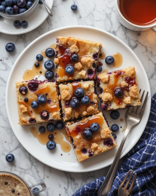 Blueberry pancake casserole fresh out of the oven
