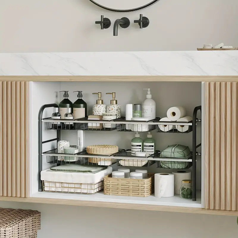 3 Genius Kitchen Organizers That Will Instantly Declutter Your Cooking Space ๐ง 7 JOXIQ Expanded under-sink shelf setup with cleaning supplies neatly stored