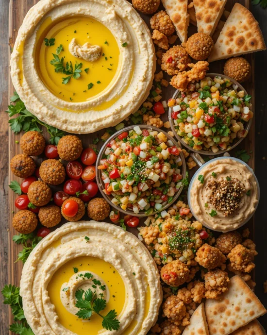 Creamy hummus dip served in a rustic bowl with olive oil drizzle – vegan mezze platter vegan recipe